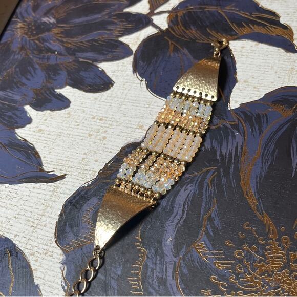 Estate Gold Metal and Gold White & Cream Sparkling Wide Beaded Bracelet D3 - Picture 1 of 12